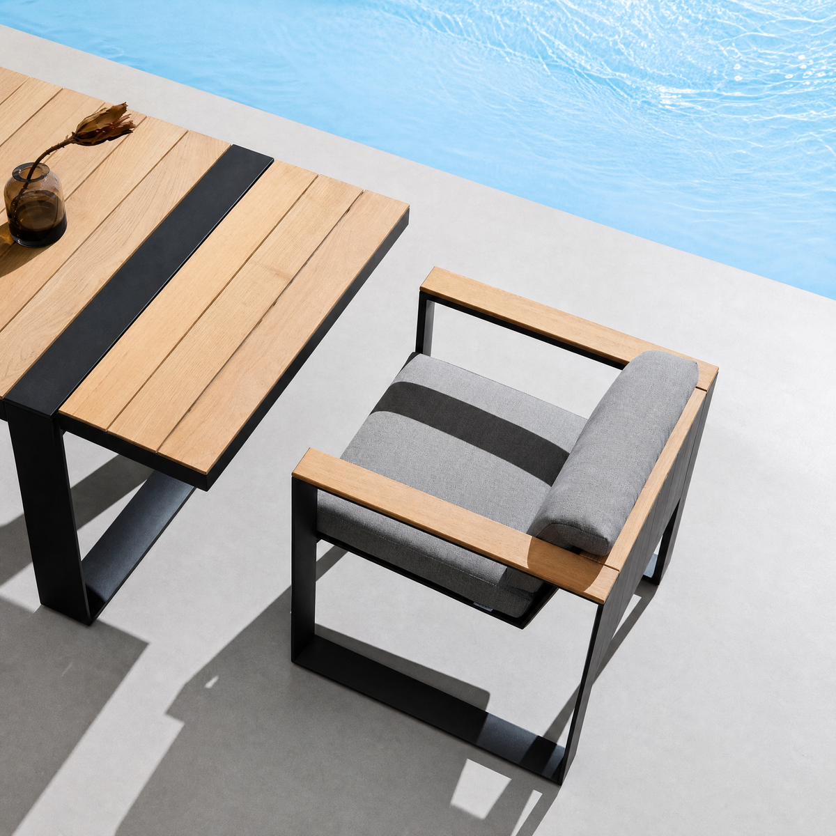 Modern Minimalist Charcoal Aluminum & Teak Outdoor Lounge Suite