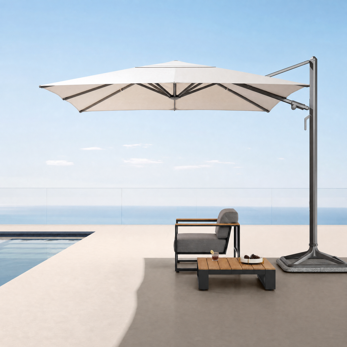 Modern Minimalist Charcoal Aluminum & Teak Outdoor Lounge Suite