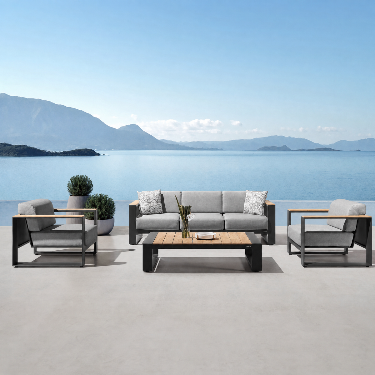 Modern Minimalist Charcoal Aluminum & Teak Outdoor Lounge Suite