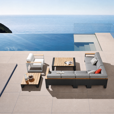 Modern Minimalist Charcoal Aluminum & Teak Outdoor Lounge Suite