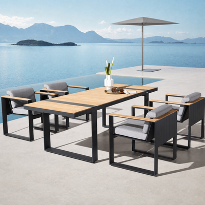 Modern Minimalist Charcoal Aluminum & Teak Outdoor Lounge Suite