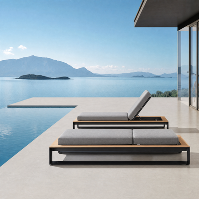 Modern Minimalist Charcoal Aluminum & Teak Outdoor Lounge Suite